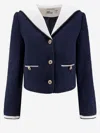 Self-portrait Belted Waist Short Jacket With Stripe Trim In Blue