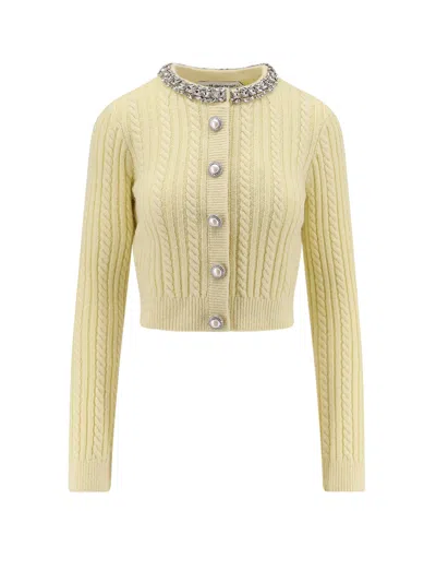 Self-portrait Wool Blend Cardigan With Rhinestones In Yellow