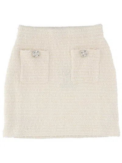 Self-portrait Wool Miniskirt Textured Fabric Front Pockets Buttons In White