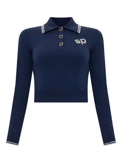 Self-portrait Wool Polo Top In Navy