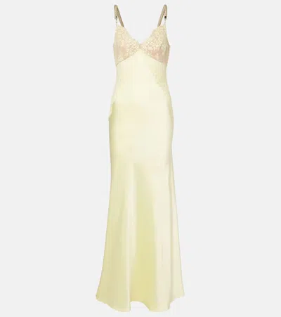 Self-portrait X Christopher Kane Lace-trimmed Satin Maxi Dress In Yellow
