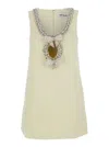 Self-portrait Yellow Crewneck Mini Dress With Jewel Embellishment On The Collar And Bow Detail On The Front In Tec In Nude