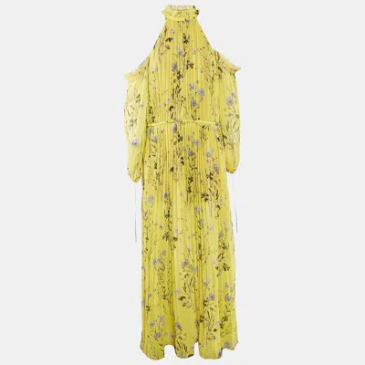 Pre-owned Self-portrait Yellow Floral Print Chiffon Plisse Cold-shoulder Maxi Dress S