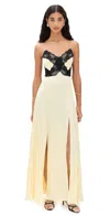 Self-portrait Satin Long Dress With Lace Inserts In Yellow