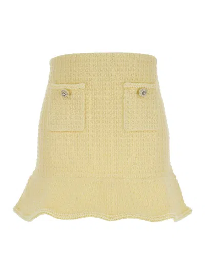 SELF-PORTRAIT MINI YELLOW SKIRT WITH FLOUNCE AND JEWEL BUTTONS IN TWEED WOMAN