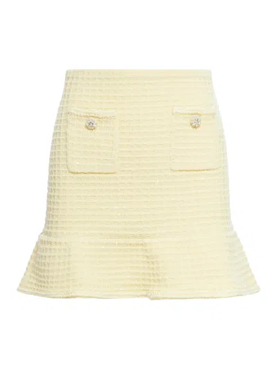 Self-portrait Mini Yellow Skirt With Flounce And Jewel Buttons In Tweed Woman In Multicolor