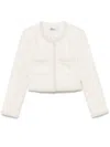 Self-portrait White Crewneck Jacket With Sequin And Faux-pearls Embellishments In Tech Fabric Woman