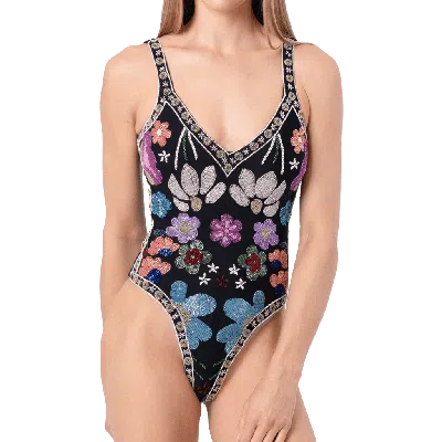 Self-adore Flower Hand Beaded Embellished One Piece Swimsuit In Black