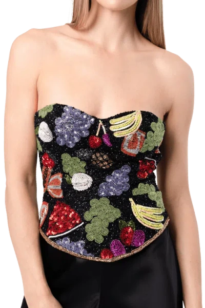 Self-adore Fruit Hand Beaded Embellished Corset Top In Black