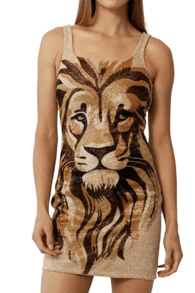 Self-adore Lion Hand Beaded Embellished Mini Dress In Gold