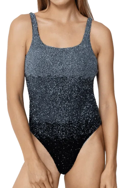 Self-adore Ombre Hand Beaded Embellished One Piece Swimsuit In Black