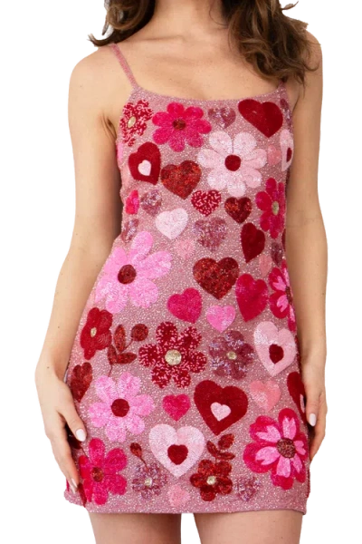 Self-adore Pink Bouquet Hand Beaded Embellished Mini Dress In Multi