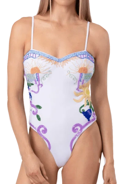 Self-adore Serenity Hand Beaded Embellished One Piece Swimsuit In Blue