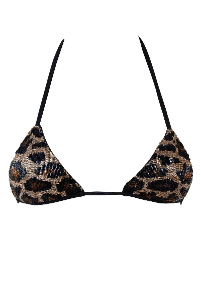Self-adore Women's Black / Brown Leopard Hand-beaded Embellished Triangle Bikini Top - Black