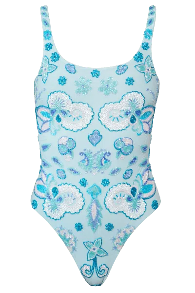 Self-adore Women's Blue / White Floral Fiesta Hand-beaded Embellished One-piece Swimsuit- Baby Blue In Multi