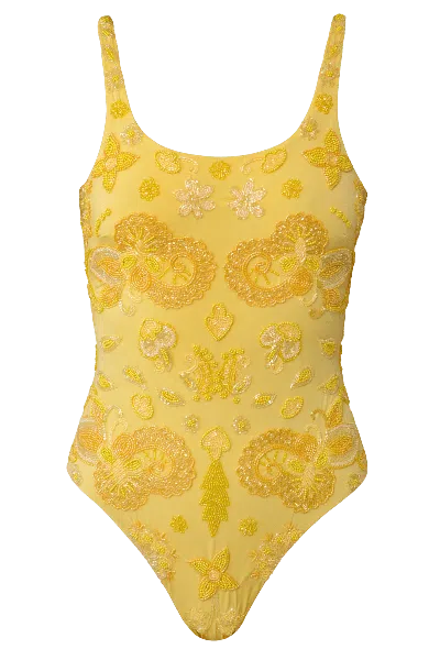 Self-adore Women's Yellow / White Floral Fiesta Hand-beaded Embellished One-piece Swimsuit- Yellow