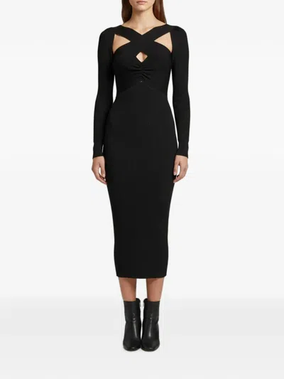 Pre-owned Self-portrait 2021 Cross-strap Rib-knit Midi Dress In Black