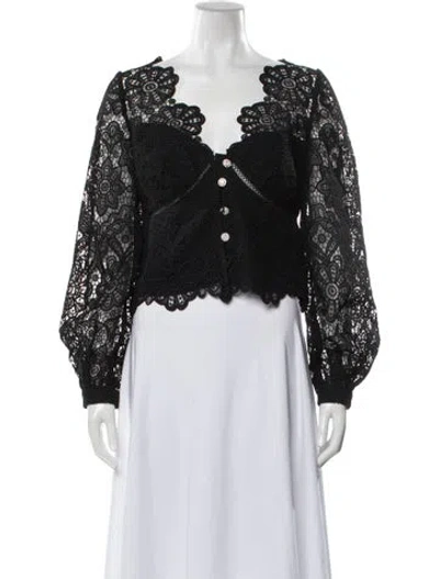 Pre-owned Self-portrait 2022 Black Floral Guipure Puff Sleeve Blouse Blouse