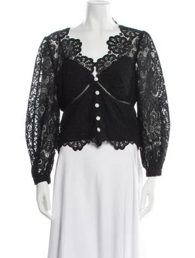 Pre-owned Self-portrait 2022 Black Floral Guipure Puff Sleeve Blouse Jacket