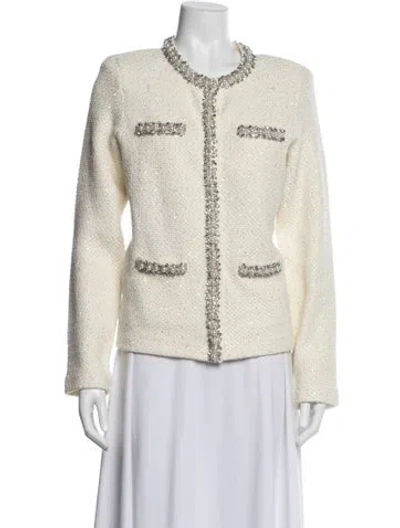 Pre-owned Self-portrait 2024 Cream Textured Knit Embellished Cardigan Jacket W/ Tags In White