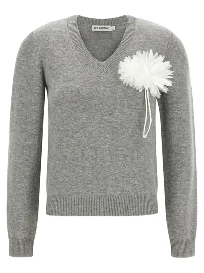 Self-portrait 3d Floral-appliqué Wool Blend Sweater In Gray