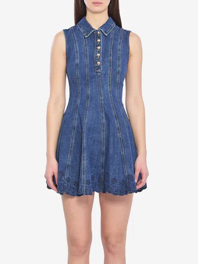 Self-portrait Denim Broderie Mini Dress In Blue
