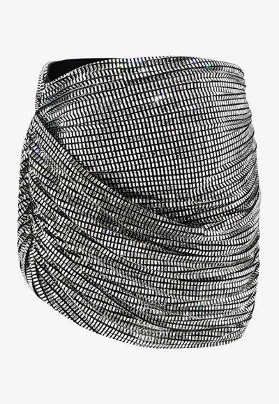 Self-portrait All-over Rhinestones Draped Mini Skirt In Silver
