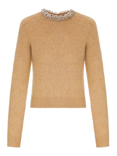 Self-portrait Alpaca Blend Sweater With Jewel Collar In Brown