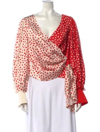Pre-owned Self-portrait Animal Print Plunge Neckline Blouse In Red