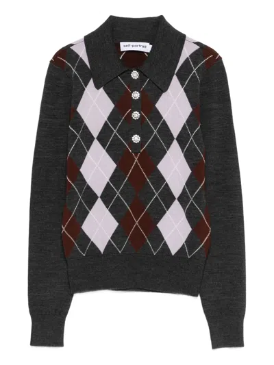 Self-portrait Argyle Collar Sweater With Rhinestone Buttons In Multi