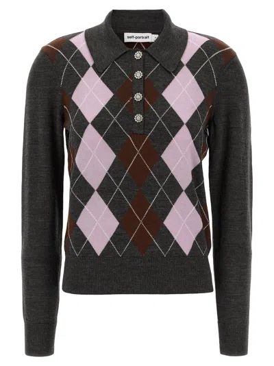 Self-portrait Argyle Wool Cardigan In Gray