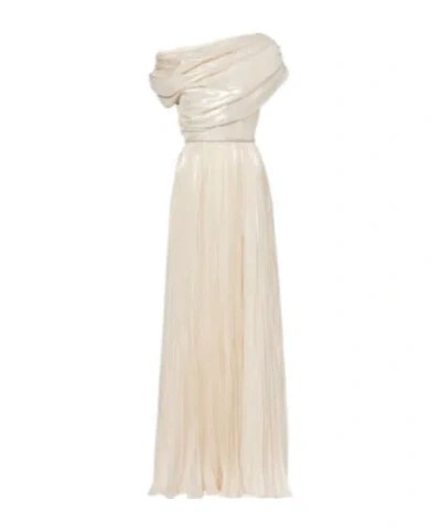 Self-portrait Metallic Chiffon Gown Asymmetrical Neckline Belt In Neutral