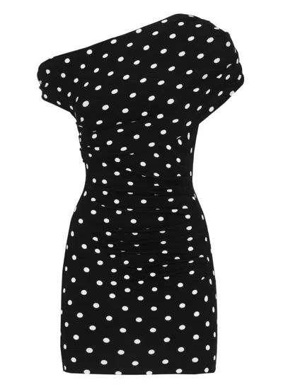 Self-portrait Asymmetric One-shoulder Mini Dress With Contrasting Polka Dot Pattern In Black