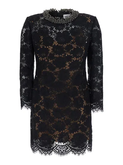 Self-portrait Asymmetrical Mini Dress With Beaded Collar And All-over Lace Embroidery In Black