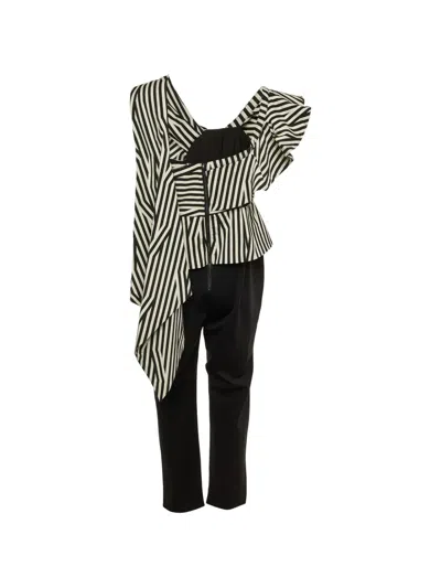 Pre-owned Self-portrait Asymmetrical Striped Jumpsuit In Black