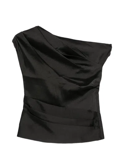 Self-portrait Black Asymmetrical Draped One-shoulder Taffeta Top