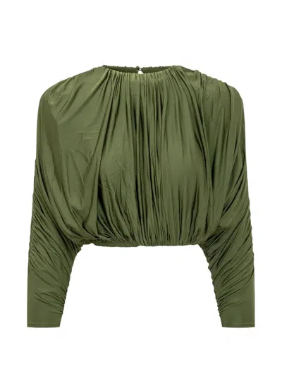 Self-portrait Back Exposed Zip Mini Top With Gathering Detail And Removable Shoulder Pads In Green