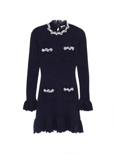 Self-portrait Back Hook-and-eye Mini Dress With Embellished Trims And Pockets In Blue