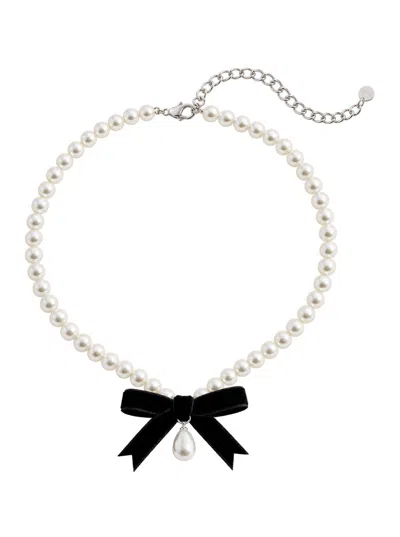 Self-portrait Beaded Necklace With Central Bow And Dangle Pearl, Bronze Finish In White
