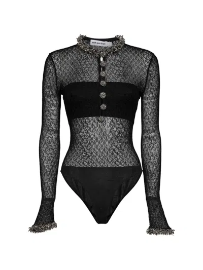 Self-portrait Bead-embroidered Mesh Bodysuit In Black