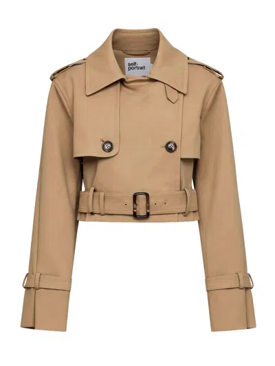 Self-portrait Beige Cotton Blend Cropped Trench Jacket In Brown