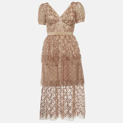 Pre-owned Self-portrait Beige Grid Sequins Tiered Puffed Sleeve Midi Dress S In Sand