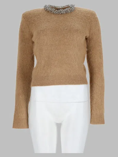 Self-portrait Beige Mini Collar Beaded Sweater