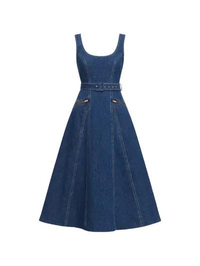 Self-portrait Belt-detail Flared Midi Denim Dress In Blue