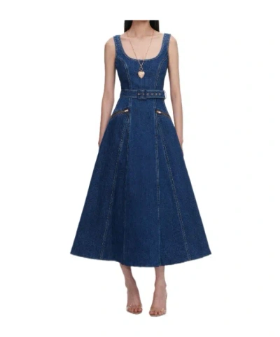 Self-portrait Belt-detail Flared Midi Denim Dress In Blue