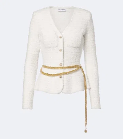 Self-portrait Belted Bouclé Cardigan In White