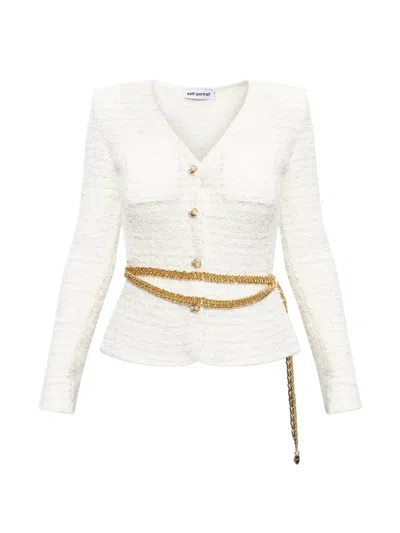 Self-portrait Belted Bouclé-effect Jacket In White
