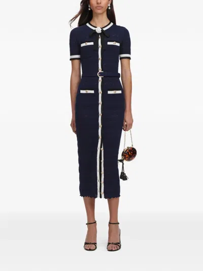 Self-portrait Midi Dress Short Sleeves Belted Bow Detail In Blue