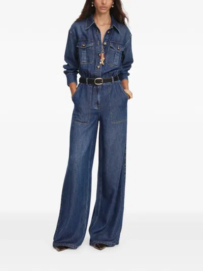 Self-portrait Belted Button-down Jumpsuit In Blue