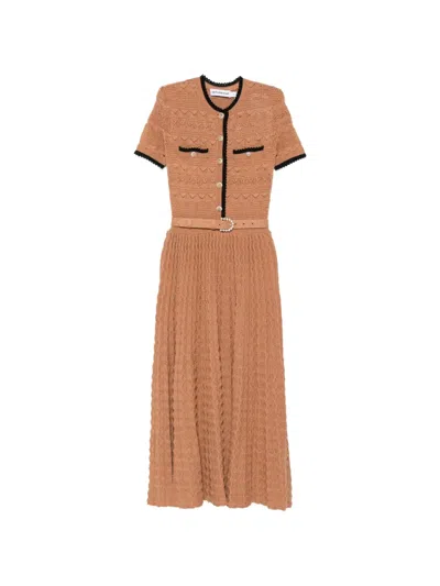 Self-portrait Belted Crochet-knit Midi Dress In Brown